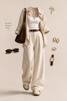 Full body flat lay of a neutral-toned casual outfit with accessories