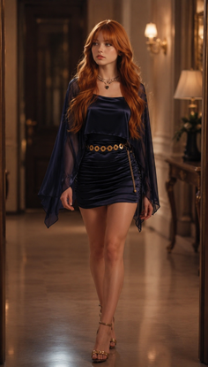 Woman with long red hair in a navy mini dress and gold belt walking indoors