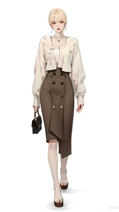Illustration of a woman in a cropped jacket and midi skirt holding a small handbag