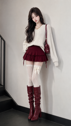 Woman with long dark hair wearing a white sweater and red mini skirt