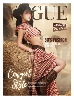 Woman in a cowgirl outfit with a gingham crop top and skirt, leaning on a hay bale