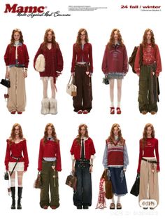 Multiple models with red hair showcasing various red-themed outfits on a white background