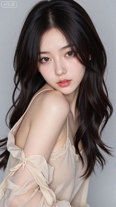 Woman with long dark hair wearing a light top with exposed shoulders