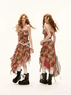 Two views of a woman with long red hair in a floral ruffled dress and combat boots
