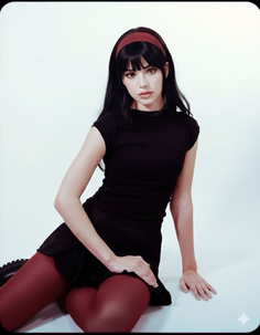 Woman with black hair and red headband wearing a black dress and red tights
