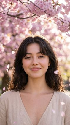 Smiling woman with long dark hair under cherry blossoms with soft lighting