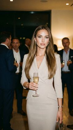 Woman in a beige dress holding a champagne glass at an indoor event