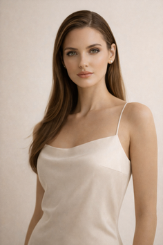 Woman with long brown hair wearing a silk top and pearl earrings
