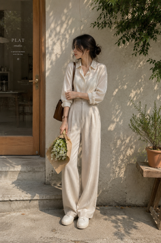 Woman in a white shirt and wide leg pants holding flowers outdoors