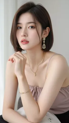 Woman with short brown hair wearing gold jewelry and a light purple top
