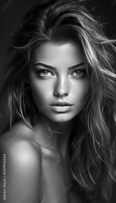 Monochrome portrait of a woman with long wavy hair and exposed shoulders