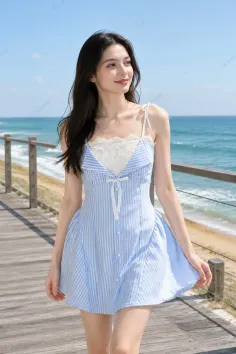 Woman in a blue striped dress walking on a boardwalk by the beach