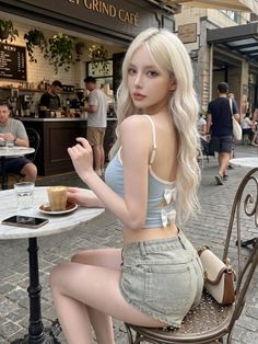 Woman with long blonde hair in a crop top and denim shorts at an outdoor cafe