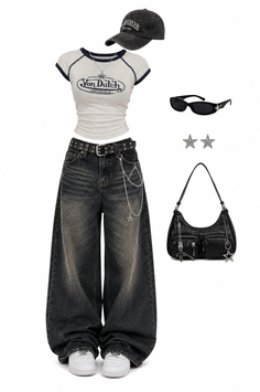 Flat lay of a casual outfit with wide leg jeans and a cropped t-shirt