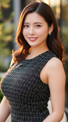 Woman with long brown hair in a black dress outdoors at golden hour