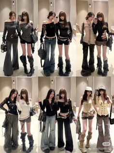 Two women posing in various streetwear outfits in an indoor setting