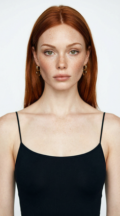 Woman with red hair and freckles wearing a black top and gold earrings