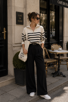 Woman in a striped sweater and wide leg pants standing outside a cafe