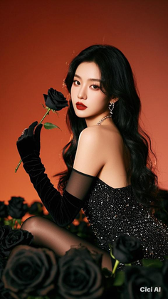 Woman in a black sequin dress and long gloves holding a black rose