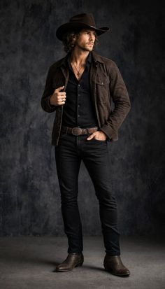 Man in a cowboy hat and suede jacket posing against a dark background