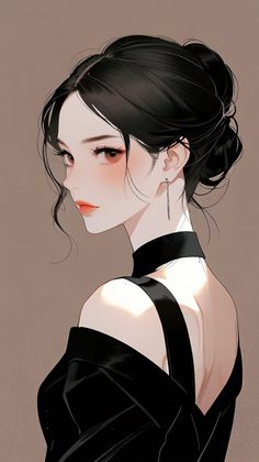 Illustration of a woman with black hair in an updo, wearing a black dress and choker