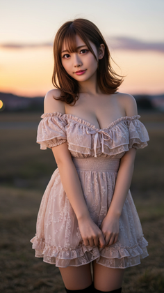 Woman in an off-shoulder dress outdoors at sunset