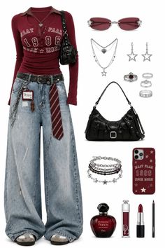 A full outfit featuring wide leg jeans, a maroon top, and various accessories