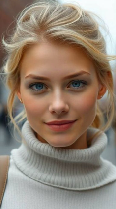 Blonde woman with blue eyes wearing a light gray turtleneck sweater