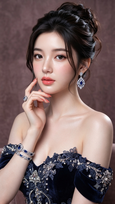 Woman with dark hair in an off-shoulder dress with sapphire jewelry