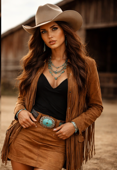 Woman in a cowboy hat and fringe jacket with turquoise jewelry outdoors