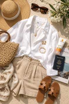 Summer vacation flat lay with a straw hat, linen shirt, shorts, and sandals on sand