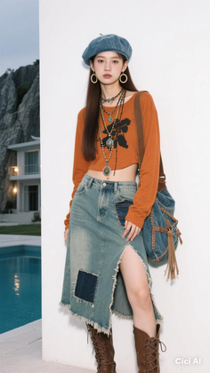 Woman in a denim beret and distressed denim skirt with a crop top outdoors