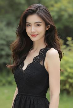 Woman with long dark hair wearing a black lace dress outdoors