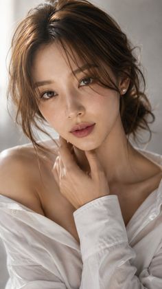 Woman with brown hair wearing an off-shoulder white shirt and pearl earring