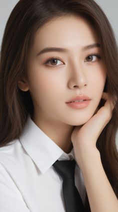 Woman with long brown hair wearing a white shirt and black tie
