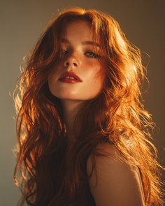 Woman with long red hair and freckles, lit by soft backlight
