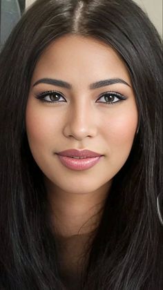 Close-up portrait of a woman with long dark hair and natural makeup