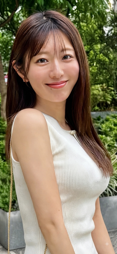 Woman with long brown hair wearing a white ribbed top outdoors