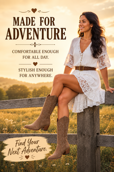 Woman in a white dress and cowboy boots sitting on a fence at golden hour