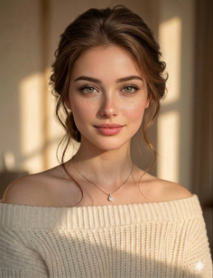 Woman with green eyes and freckles wearing an off-shoulder sweater indoors