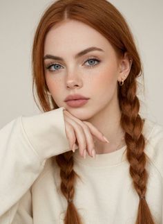 Woman with red braided hair and freckles wearing a cream sweatshirt