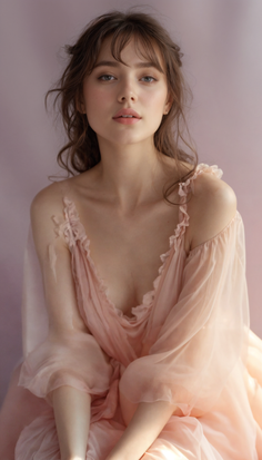 Woman with long hair in a pink dress with soft lighting