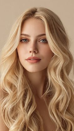 Woman with long wavy blonde hair and blue eyes in a soft lighting portrait