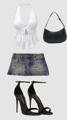 A white halter top, denim mini skirt, black high heels, and black shoulder bag