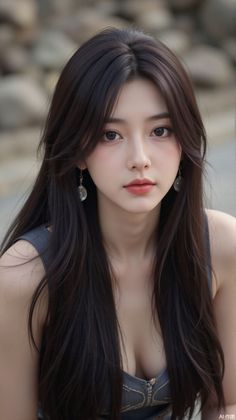 Woman with long dark hair and earrings, showing cleavage