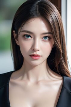 Woman with long brown hair and blue eyes wearing a black top