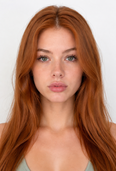 Woman with long red hair and green eyes looking directly at the camera