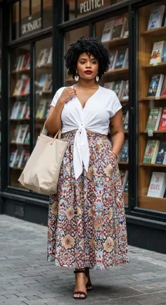 Woman with curly hair in a patterned skirt and white top standing outside a bookstore