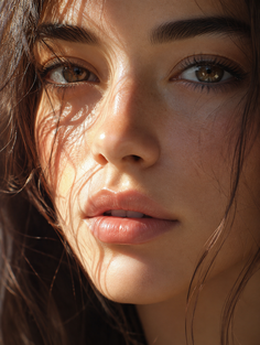 Close up portrait of a woman with brown eyes and long hair in soft lighting