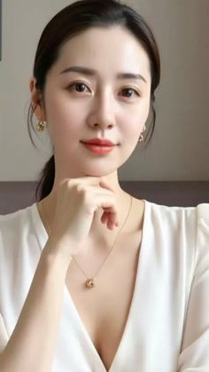Woman with black hair in a white blouse and jewelry, hand on chin